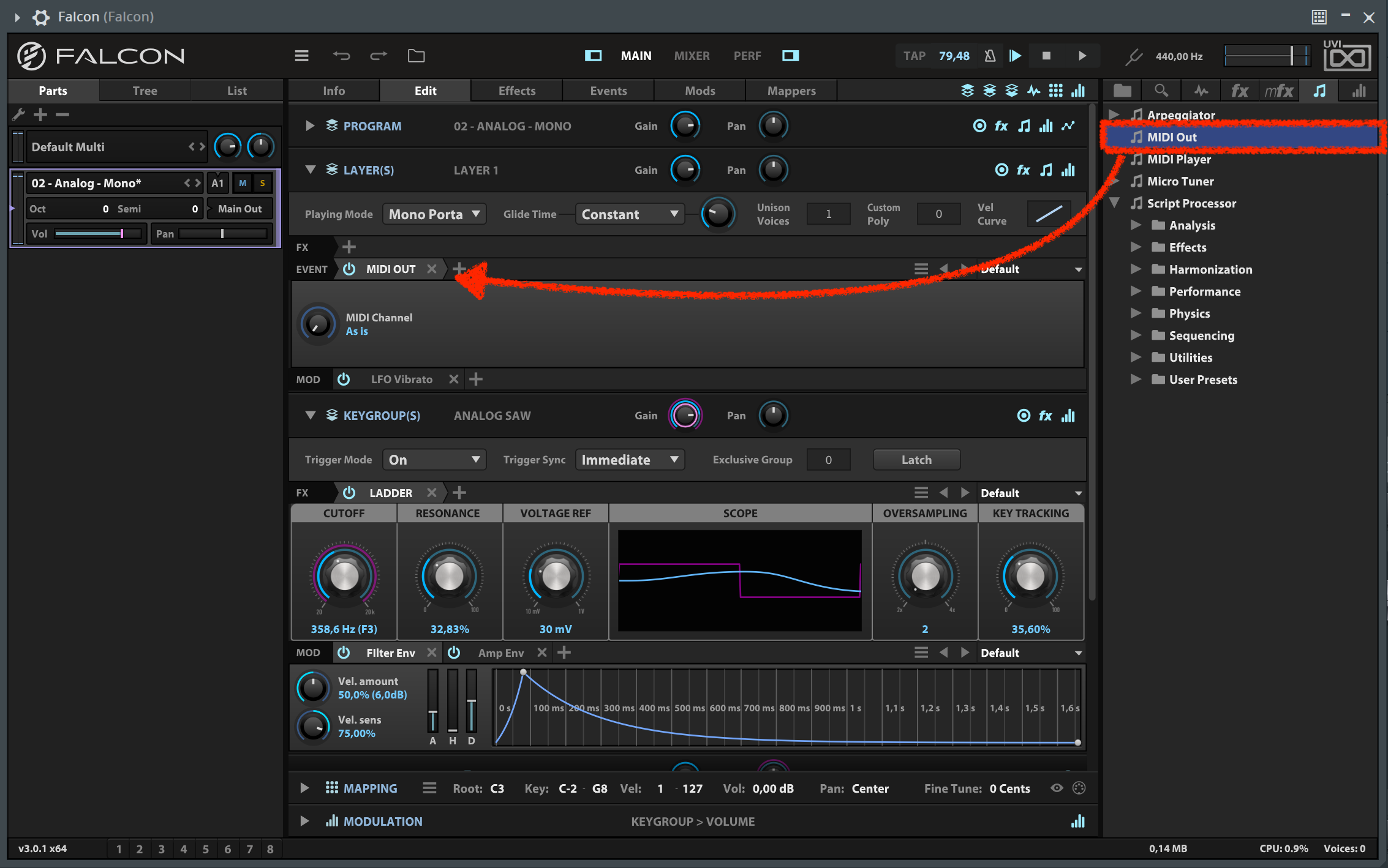 Falcon: MIDI Outモジュールの利用方法 – UVIサポート